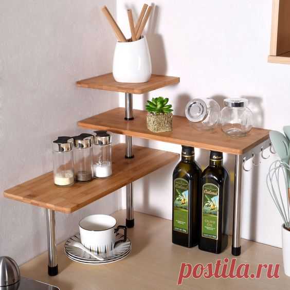 3 Tier Kitchen Desktop Corner Shelving Unit Bamboo and Stainless Steel Kitchen Storage with 4 Hooks Saving Space for Office Organize - Walmart.com