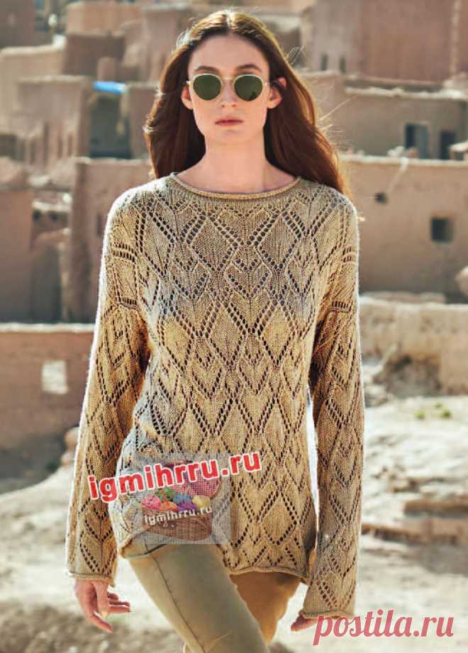 Пуловер с узором из ажурных ромбов. Вязание спицами со схемами и описанием