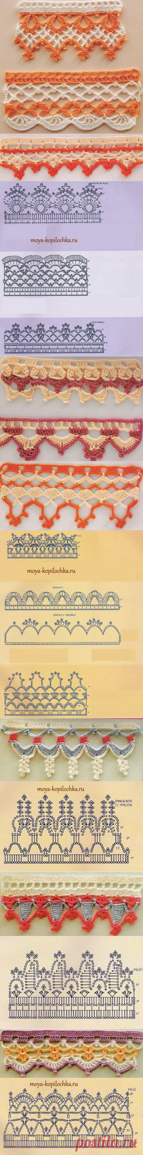 42 ОБРАЗЦА ВЯЗАНОГО КРУЖЕВА ДЛЯ ОТДЕЛКИ КРАЯ ИЗДЕЛИЯ СО СХЕМАМИ