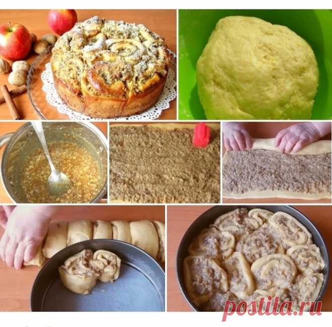 Пирог из "розочек" с начинкой из орехов и яблок.