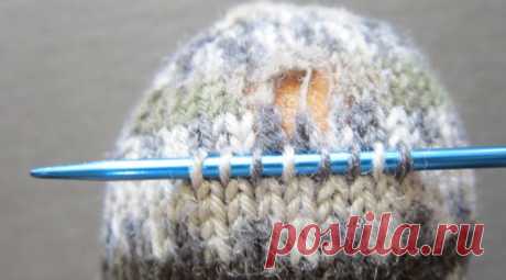 Repairing a hand-knit sock with a knit-in-place patch | Taking Time to Smell the Roses