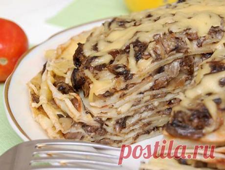 Блинчатый пирог с курицей и грибами | Печем и варим