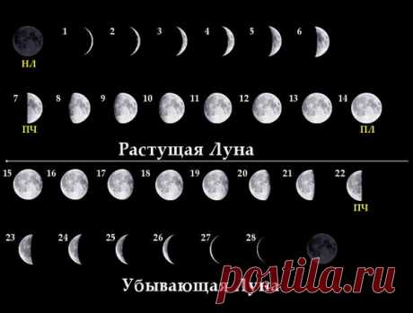Схема убывающей и растущей луны