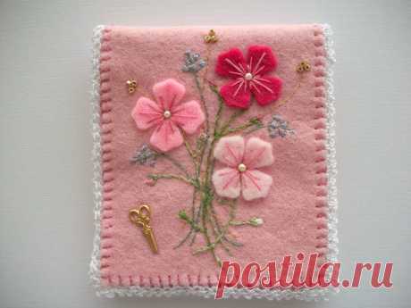 Needle Book Pink Felt with Felt Flowers and Embroidery Crochet Lace B…