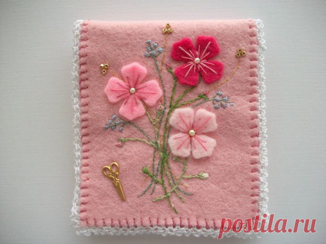 Needle Book Pink Felt with Felt Flowers and Embroidery Crochet Lace B…