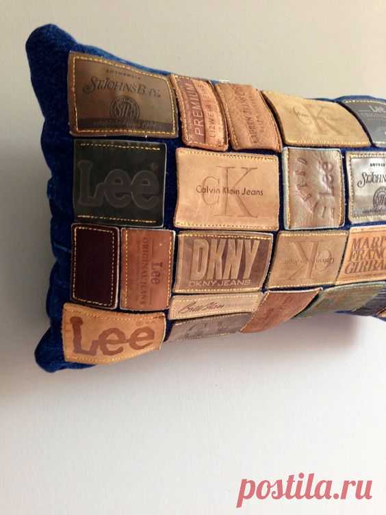 Denim leather jean label pillow