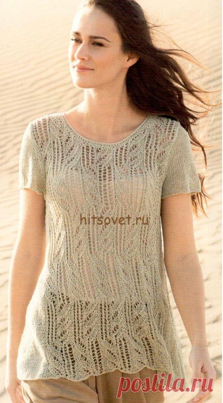 Летняя кофточка с ажуром спицами - Хитсовет Летняя кофточка с ажуром спицами. Модная модель летнего сезона 2016 ажурная кофточка с короткими рукавами с подробным описанием и схемами вязания. Вам потребуется: 300 (350, 400) грамм серо-зелёной пряжи Secondo Lana Grossa, состоящей из 55% хлопка, 25% полиамида, 20% шёлка, длиной нити 125 метров 50 граммах; спицы № 3,5; круговые спицы № 3,5.