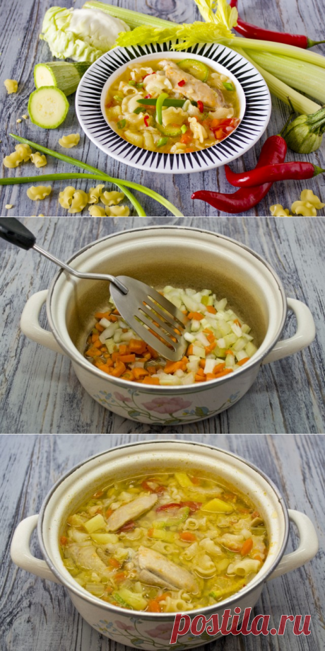 Куриный суп с овощами и макаронами