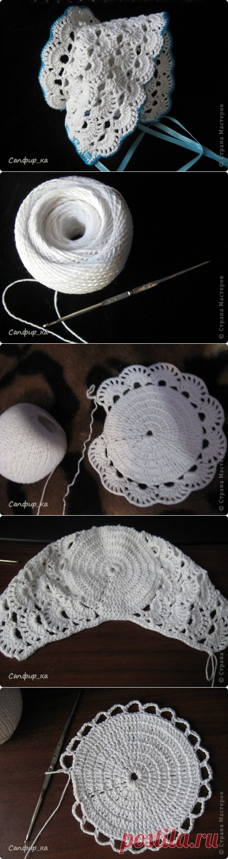 Изумительный чепчик для новорожденного
Скажу сразу, вязала я на ребеночка 1-3 месяца, за образец размера взяла обычный чепчик на обхват головы 40 см.