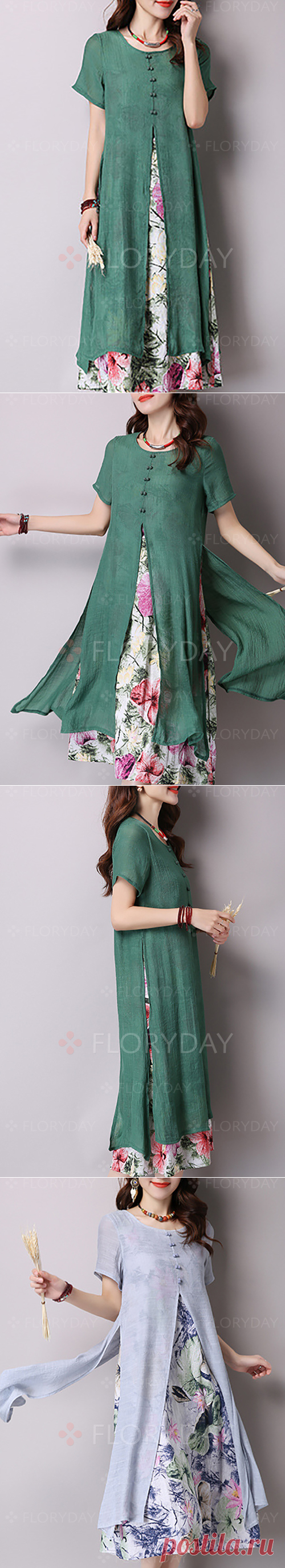 Floryday - Винтажное платье из лена длины миди с короткыми рукавами (1955109652)