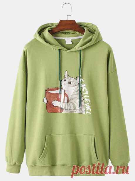 Mens Cartoon Cat Print Drop Sleeve Casual Loose Fit Kangaroo Pocket Hoodies - US$39.99