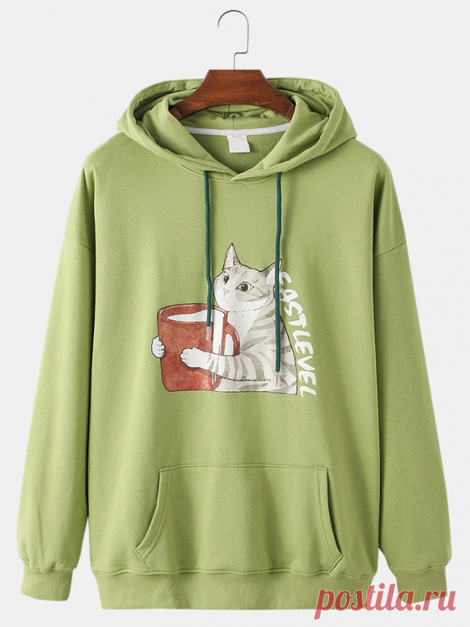 Mens Cartoon Cat Print Drop Sleeve Casual Loose Fit Kangaroo Pocket Hoodies - US$39.99