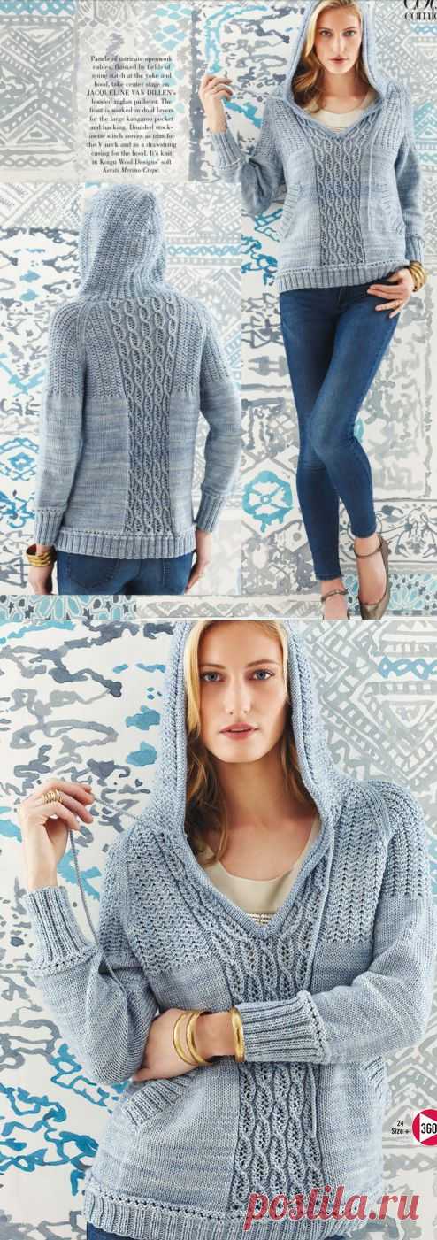 Вязание пуловера с капюшоном, модель 24, Vogue весна - лето 2014..