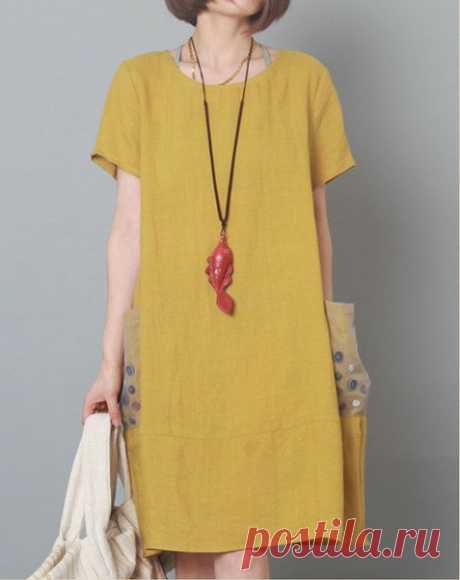 Yellow High-end women's ramie loose short-sleeved от ElegantGens