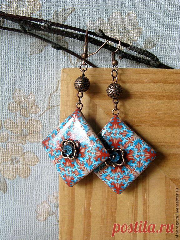 Купить Серьги из полимерной глины калейдоскоп - голубой, серьги ручной работы, серьги, подарок