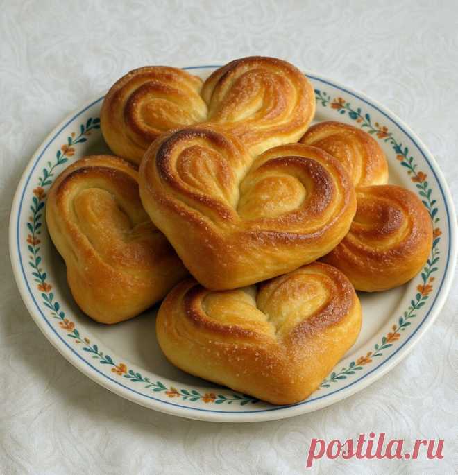 Булочки-сердечки с сахаром
Эти пышные булочки получаются мягкими, сладкими и ароматными.

Ингредиенты
Молоко тёплое — 250 мл
Дрожжи сухие — 7 г
Сахар — 4 столовые ложки
Яйцо — 1 штука
Масло сливочное мягкое — 70 г
Соль — щепотка
Мука — около 450–500 г
Для посыпки
Сахар — 4–5 столовых ложек
Масло сливочное растопленное — 40 г