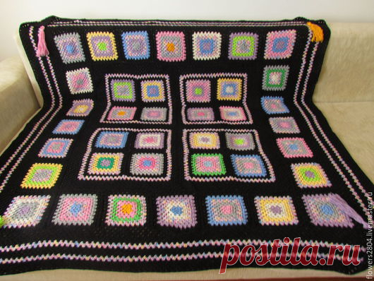 Купить Плед бабушкин квадрат с бубенцами - Вязание крючком, вязание, ручная работа, хлопок