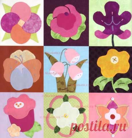 24 ЦВЕТОЧНЫХ ПЭЧВОРКА -  24 BLOSSOM BLOCKS TO APPLIQUE Шаблоны выкроек и контуры для плетеного кружева