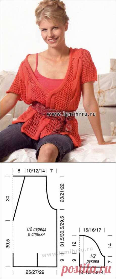 Летний стиль casual. Сетчатый пуловер кораллового цвета, с косами. Спицы