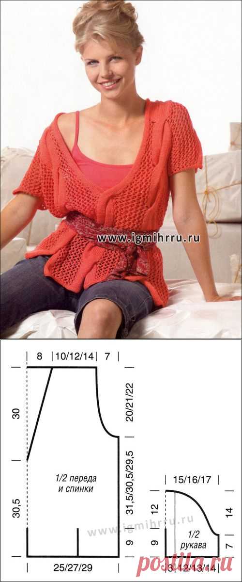 Летний стиль casual. Сетчатый пуловер кораллового цвета, с косами. Спицы