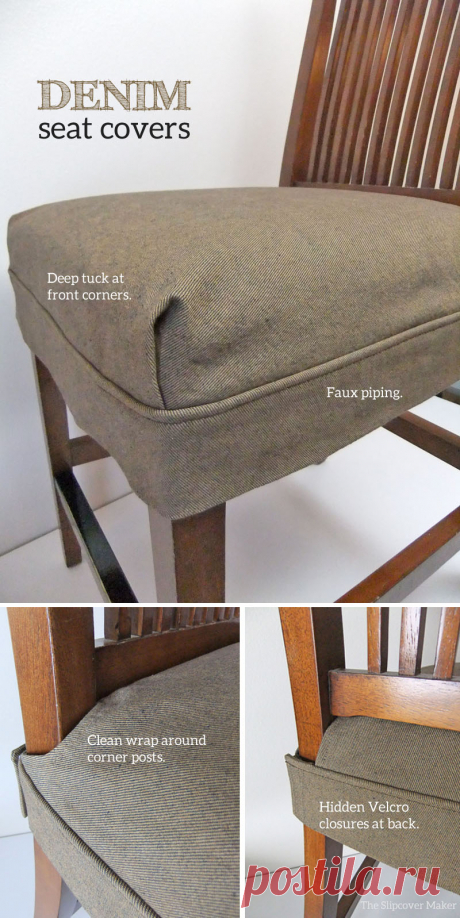 Tailored Denim Seat Covers Washable seat covers for dining room chairs are a smart choice when upholstery becomes stained and worn out.  Or, splits and peels like Pam’s leather-like chair seats. A thick, tough fabric w…