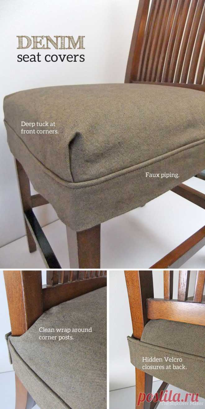 Tailored Denim Seat Covers Washable seat covers for dining room chairs are a smart choice when upholstery becomes stained and worn out.  Or, splits and peels like Pam’s leather-like chair seats. A thick, tough fabric w…