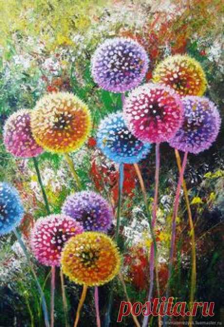 Dandelion flower art Original acrylic painting summer landscape – shop online on Livemaster with shipping