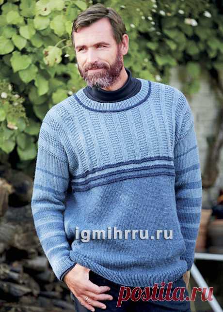 Мужской теплый пуловер с полосами разной ширины. Вязание спицами со схемами и описанием