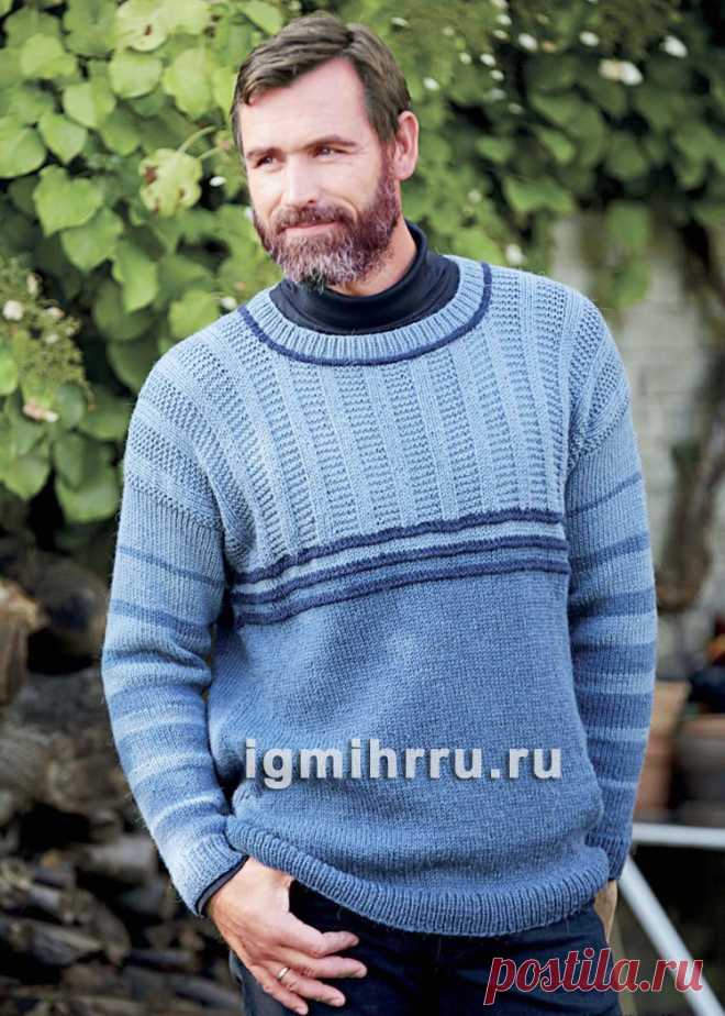 Мужской теплый пуловер с полосами разной ширины. Вязание спицами со схемами и описанием