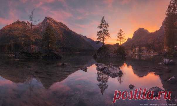 Закат солнца на озере Hintersee, Германия. Автор фото — Александр Науменко: