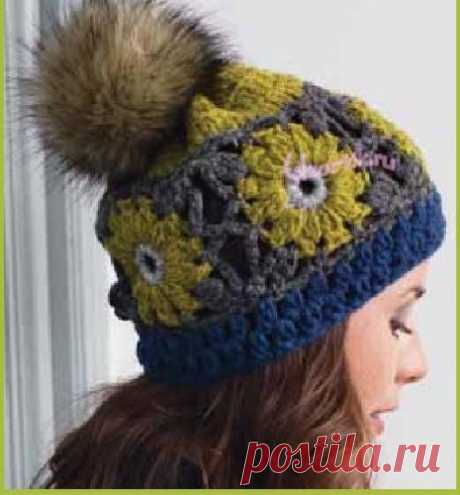 Вязаная шапка из мотивов крючком - Описание вязания, схемы вязания крючком и спицами | Узорчик.ру