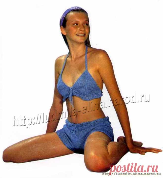 Синий вязаный купальник. Модель с шортиками выполнена спицами и крючком - Купальники - Вязание крючком -МАСТЕР-КЛАССЫ ПО РУКОДЕЛИЮ- Страна рукоделия