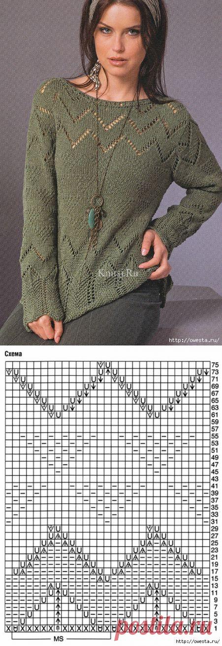 Узорчатый оливковый пуловер спицами