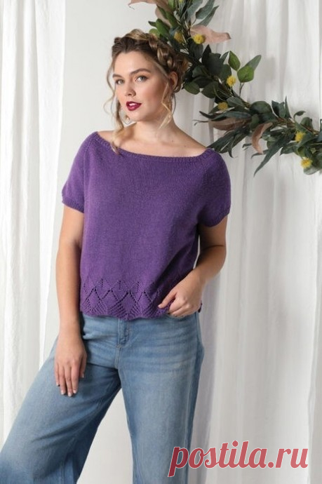 Классический летний топ-реглан с ажурным нижним краем. Спицами. / knittingideas.ru