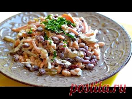 Салат из фасоли с колбасой, простой и сытный