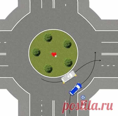 Кто должен уступить в данной ситуации ? 
Вроде все ясно (пункт пдд 8.5) но тут нет  разметки и вроде как синий еще полностью не на кругу. И тут уже (пункт 9.1)  Количество полос движения для безрельсовых транспортных средств определяется ра…