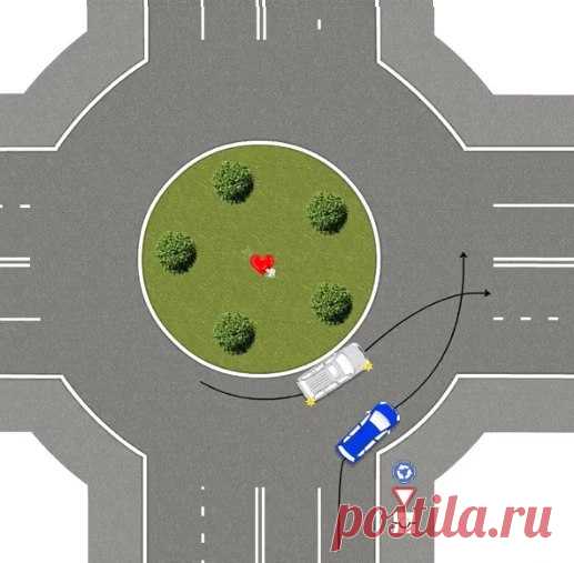 Кто должен уступить в данной ситуации ? 
Вроде все ясно (пункт пдд 8.5) но тут нет  разметки и вроде как синий еще полностью не на кругу. И тут уже (пункт 9.1)  Количество полос движения для безрельсовых транспортных средств определяется ра…