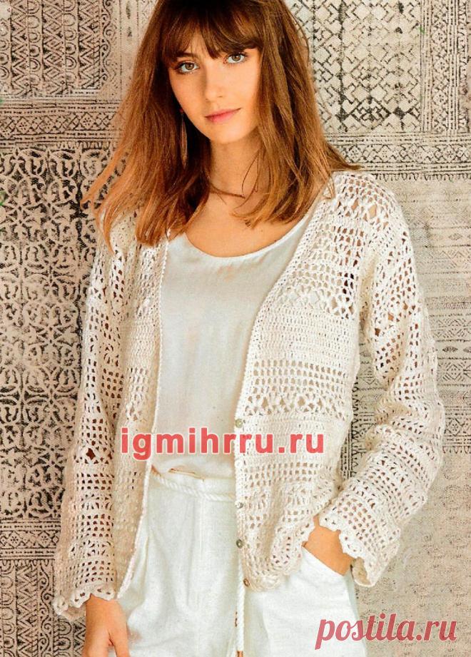 Ажурный кремовый жакет. Вязание крючком со схемами и описанием