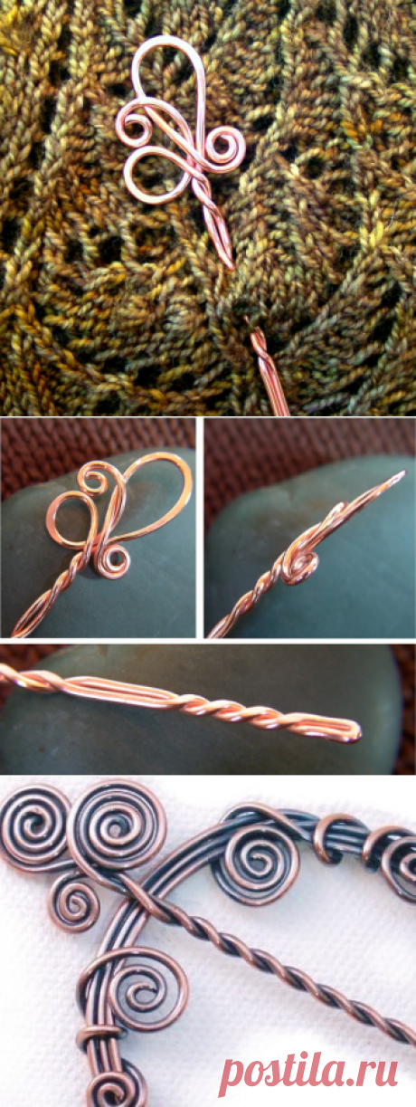 Elegant Copper Twist Shawl Pin Hand and Heat от spindlecatstudio