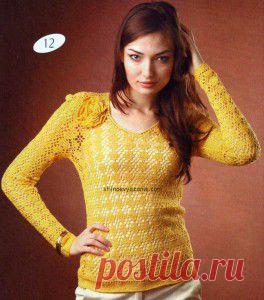 Ажурный пуловер с цветком,связанный крючком / Стильное вязание