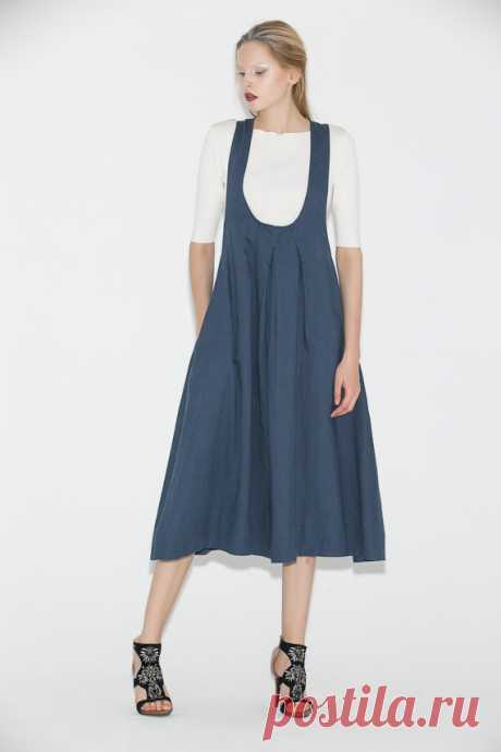 Blue Pinafore Dress Casual Everyday Linen Modern от YL1dress