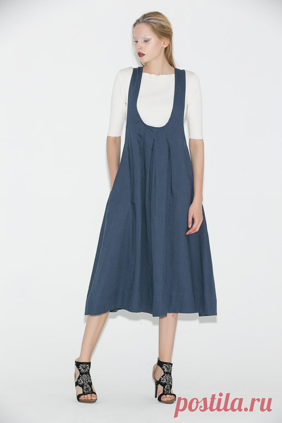 Blue Pinafore Dress Casual Everyday Linen Modern от YL1dress