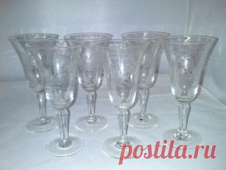 Set 6 Crystal Wheel Cut Cordial Glasses Leaves and Flowers Stemware Vintage | eBay