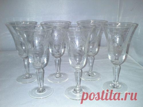 Set 6 Crystal Wheel Cut Cordial Glasses Leaves and Flowers Stemware Vintage | eBay