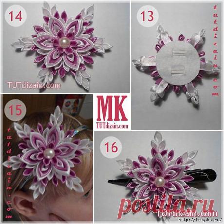 Снежинка из лент в технике канзаши.