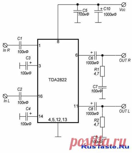 Усилитель TDA2822 2Вт(1.8Вт 4Ом) 
Позвольте представить вам еще один стерео усилитель небольшой мощности 1.8Вт на нагрузке 4Ом, выполненный на микросхеме TDA2822 в корпусе DIP 16, которые можно встретить в различной бытовой теле-радио-аппаратуре.