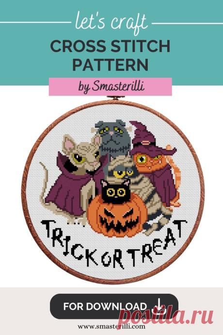 Cats in Halloween costumes with trick or treat inscription cross stitch pattern PDF. Digital cross stitch pattern for instant download. Cat Lover's Gift idea for handmade craft. Halloween handmade crafts