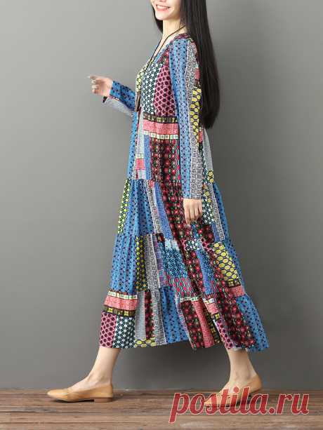 Gracila Print Patchwork Loose Women Dress at Banggood