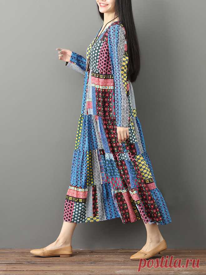 Gracila Print Patchwork Loose Women Dress at Banggood
