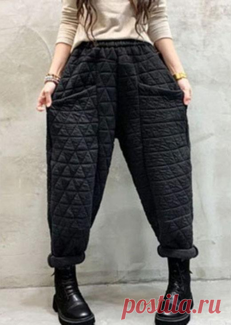 Organic Black Elastic Waist Thick Pockets Casual Winter Pants – Omychic